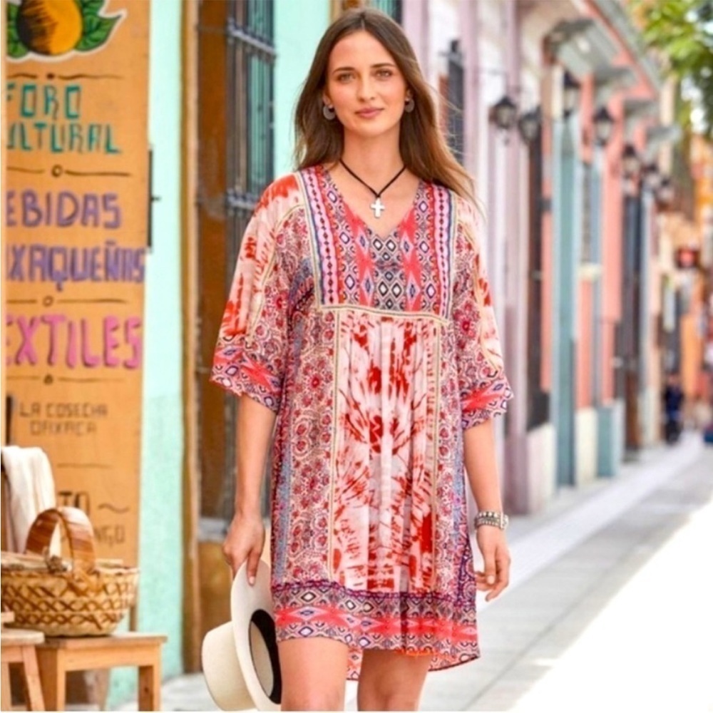 Sundance Wild Provence Mixed Print Keyhole Kimono Peasant Dress V-Neck Size S